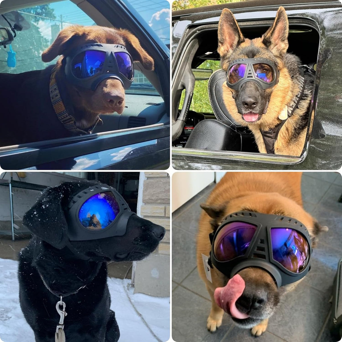 Large Dog Goggles Pet Eyes Protection for Medium to Large Breed, Windproof Snowproof Uvproof Dog Sunglasses for Outdoor Hiking/Cycling/Driving, Soft Frame Adjustable Straps, Clear Blue Lens
