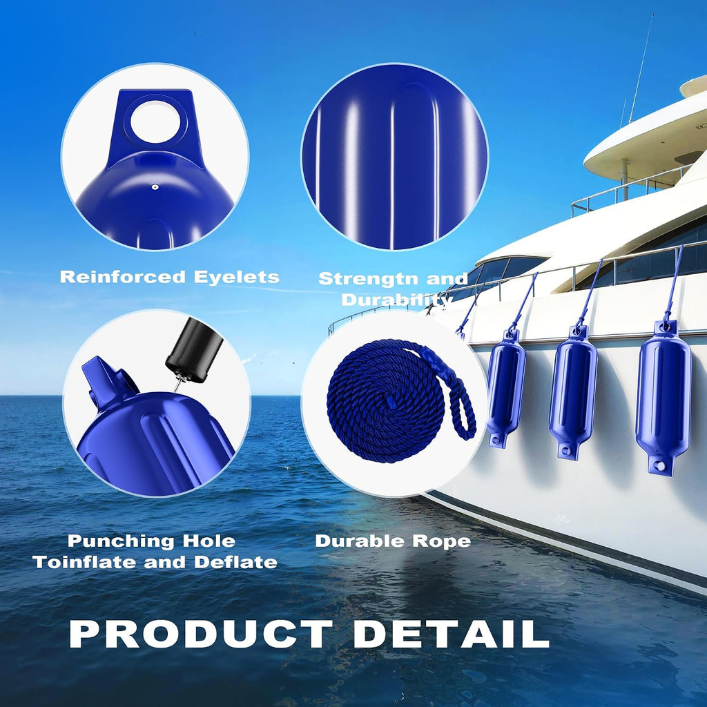 Boat Fenders 4 Pack 4.5"/5.5."/6.5"/8.5" Inflatable Ribbed Marine Bumpers, Twin Eye Design with 4 Ropes & Air Pump, UV & Saltwater Resistant, for Jon Boats, Pontoon Boats