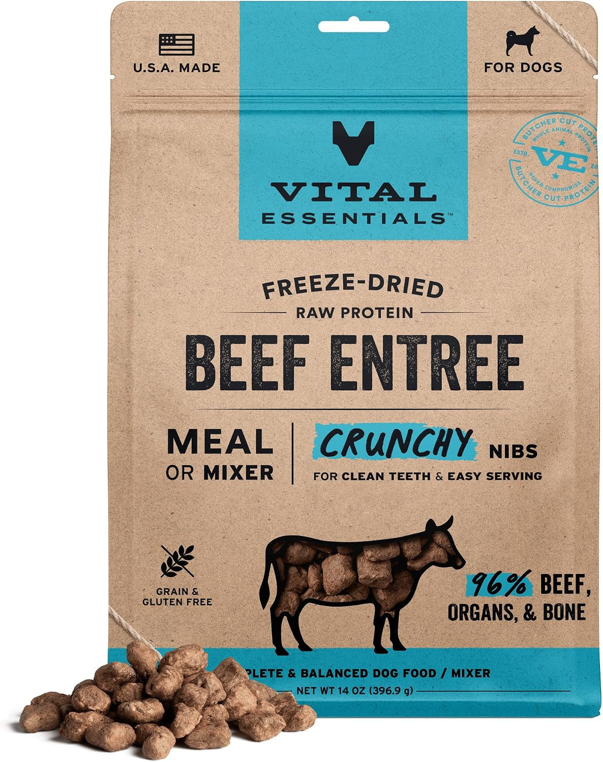 Freeze Dried Dog Food, Beef Crunchy Nibs, 14 Oz Bag