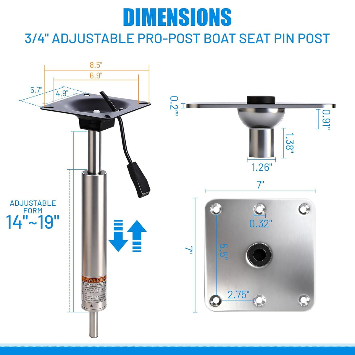 Heavy Duty Adjustable Boat Seat Pedestal Base Mount Kit with Lock, 14-19" Height, 3/4" Pin Post 7"X7" Base Plate, 360° Swivel Corrosion Resistant Marine Pedestal for Bass Boat Fishing Boat Seat