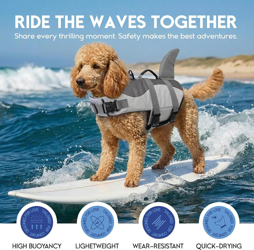 Dog Life Jacket - Pet Safety Vest for Swimming & Boating, Shark Life Jacket with Floatation, Dog Lifesavers Swimsuits for Small Medium Large Dogs (Grey, M)