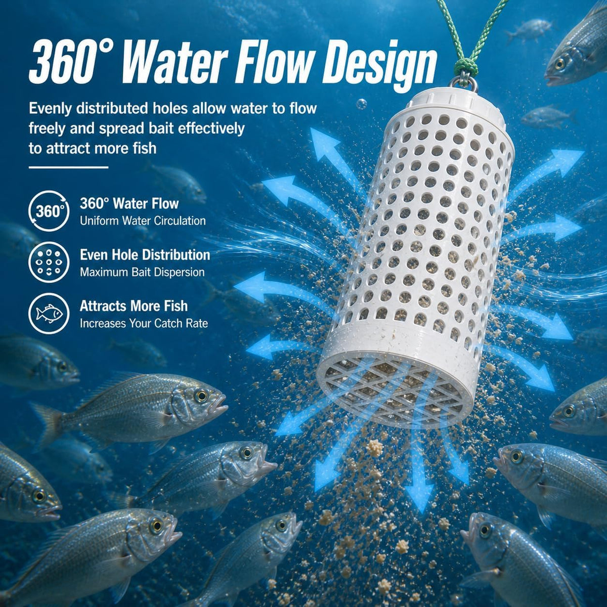 Bait Cage for Fishing, Chum Bucket & Bait Barrel, PVC Fish Chum Cage with 316 Stainless Steel, Bait Bucket for Saltwater Fishing, 360° Water Flow, Indestructible with 32Feet Glow Rope