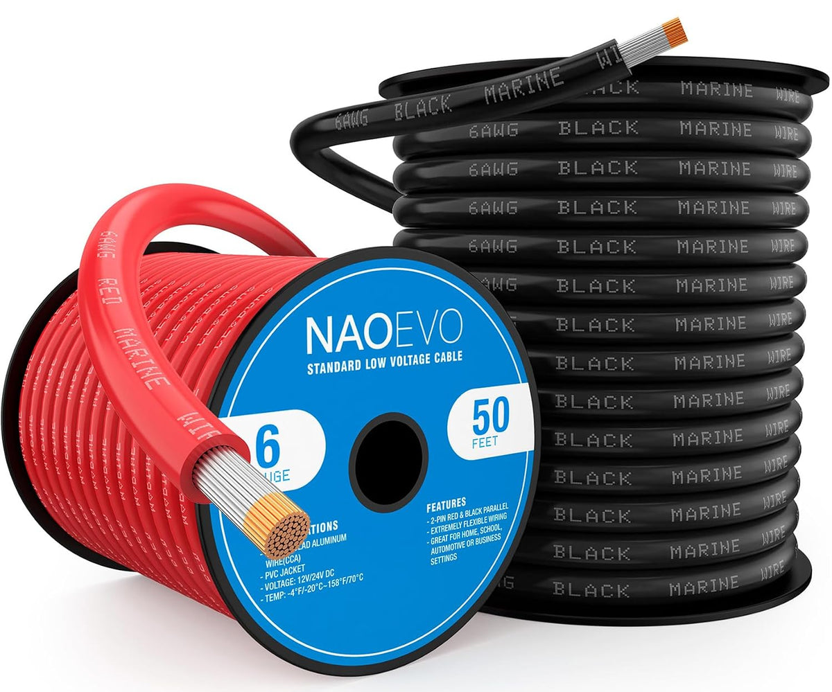 6 Gauge Marine Wire, Tinned Copper Wire, 50 FT Black + 50 FT Red