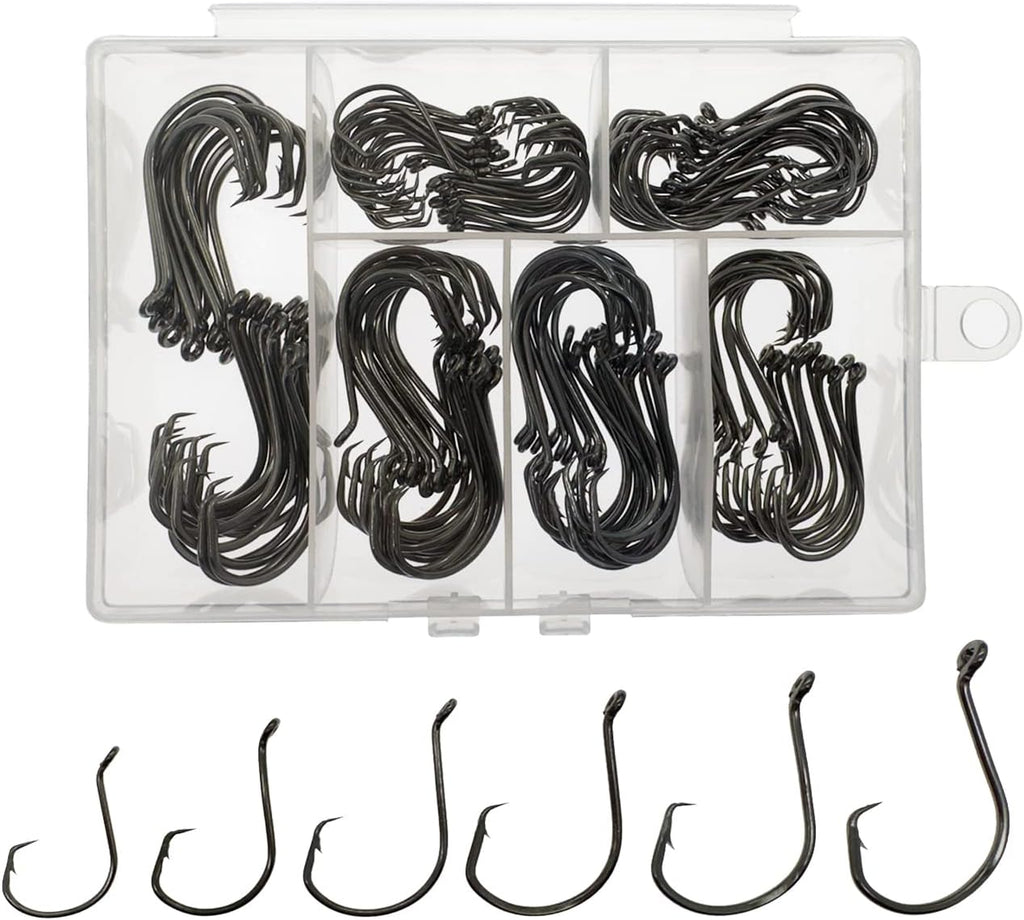 Fishing Hooks Saltwater, 160PCS Circle Hooks Saltwater, Fish Hooks for Fishing Gear Tackle, Catfish Octopus Hook #1 1/0 2/0 3/0 4/0 5/0 6/0 8/0 Black High Carbon Steel with Portable Plastic Box