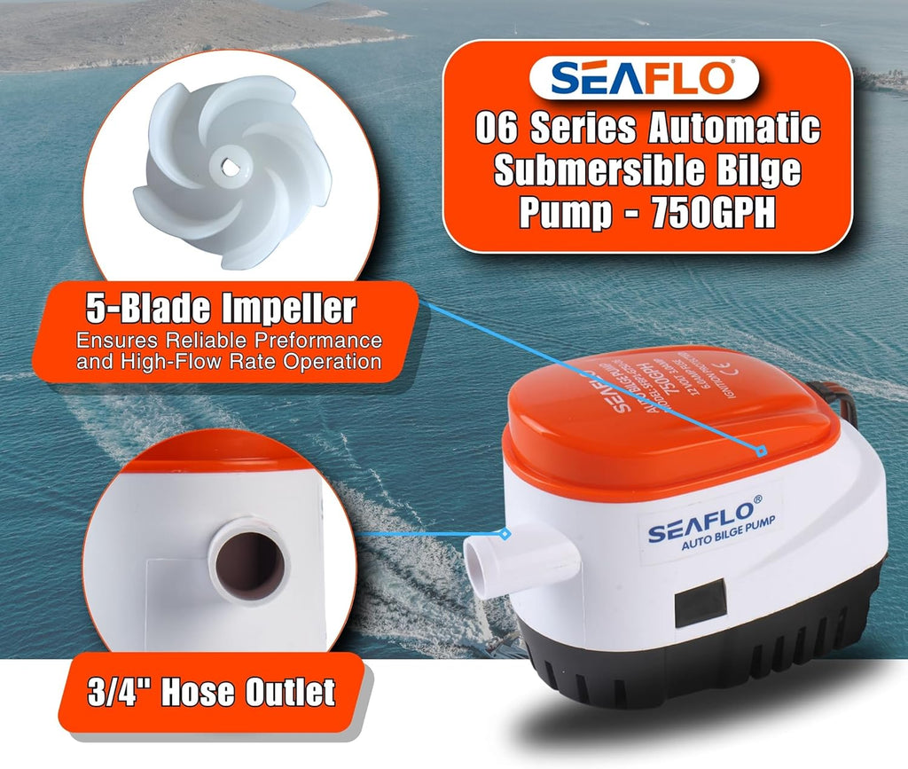 06 Series Automatic Submersible Bilge Pump - 750GPH, 12V, 3/4" Outlet, 4-Year Warranty! - All-In-One Pump and Float Switch, Snap-Off Strainer, Compact Marine Boat Yacht Bilge Pump CE & Rohs