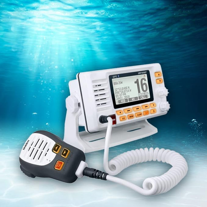 UM725GBT Marine VHF Radio, All USA, Canada, and Intl. Marine Channels, 1Watt/25Watt Transmit Power, Largest LCD Screen in Class, NOAA Weather Channels, Speaker Mic, GPS Built-In, and Bluetooth