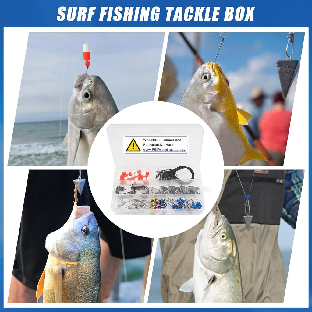105PCS Surf Fishing Tackle Kit Fish Finder Rigs Saltwater Surf Fishing Rigs Live Bait Rig with Hooks Floats Sinker Slider Beads Pyramid Sinkers Leaders for Bass Beach Ocean Fishing Gear Accessories