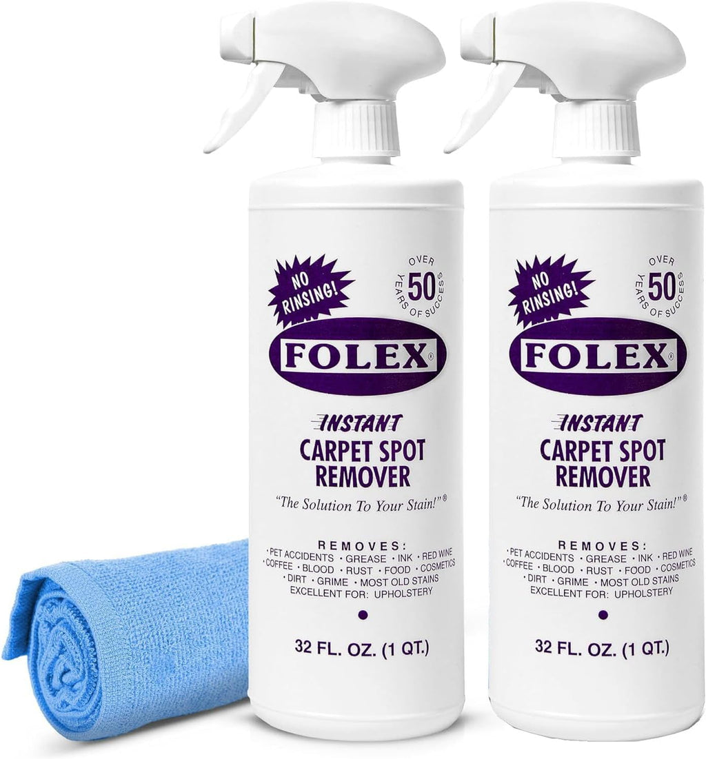 Instant Carpet Spot Remover 32 Oz – Powerful Stain Remover for Carpets, Upholstery & Rugs – Eliminates Pet Stains, Grease, Red Wine, Food, Makeup & More – with Reusable Cleaning Cloth - 2 Pack