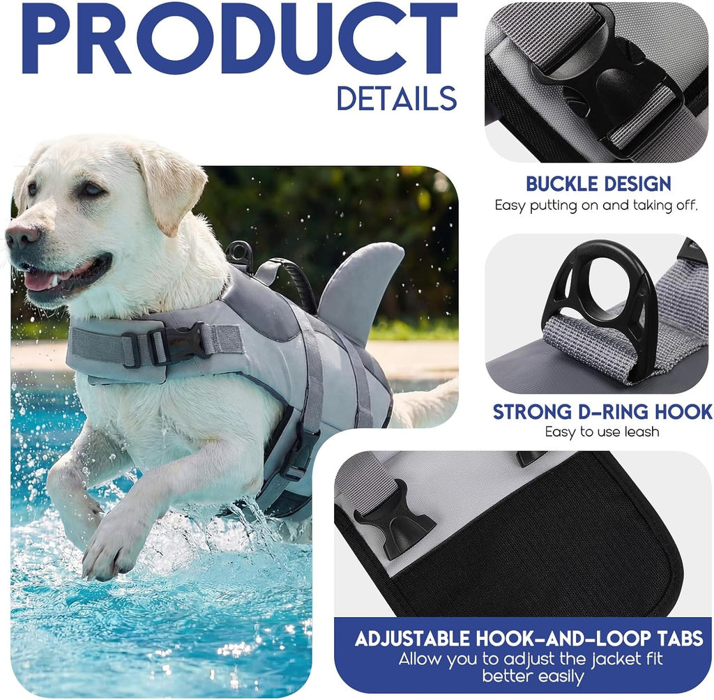 Dog Life Jacket - Pet Safety Vest for Swimming & Boating, Shark Life Jacket with Floatation, Dog Lifesavers Swimsuits for Small Medium Large Dogs (Grey, M)
