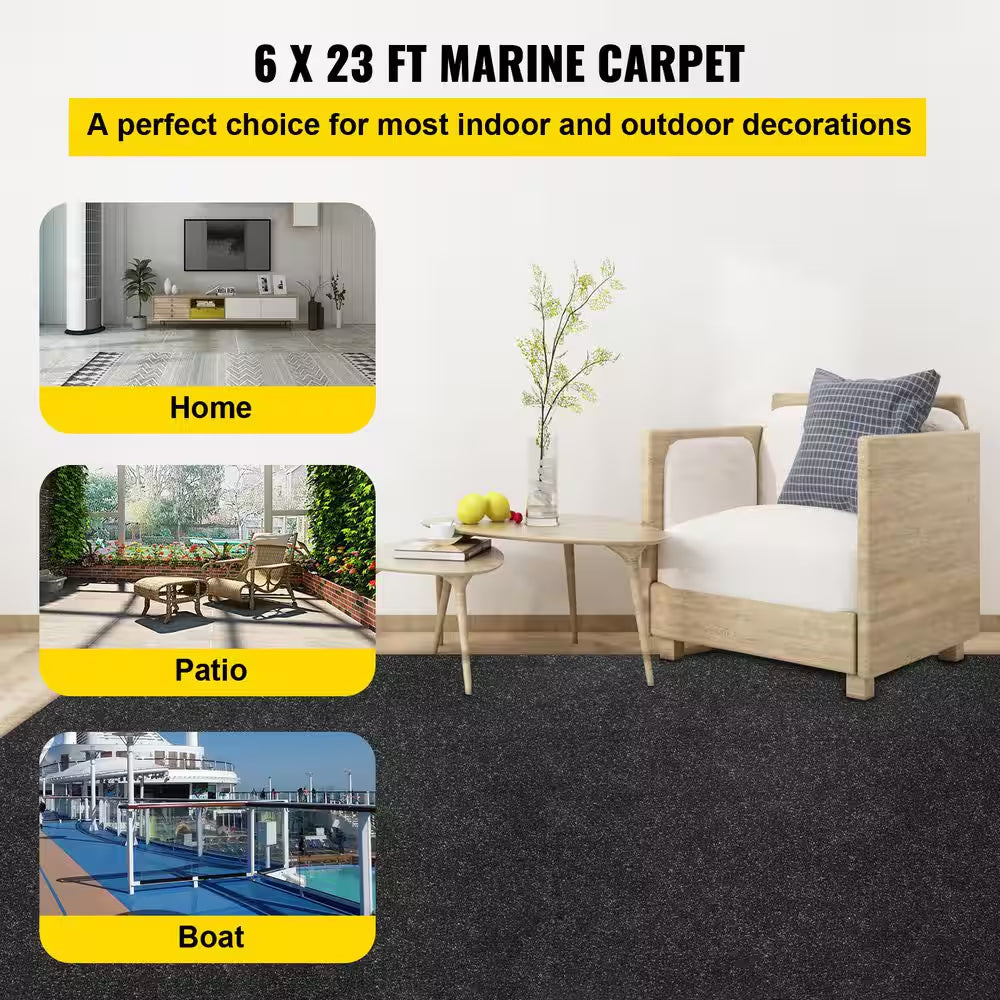 Black 6 Ft. X 23 Ft. Boat Carpet Waterproof Indoor Outdoor Carpet Cuttable Easy to Clean Indoor/Outdoor Area Rug