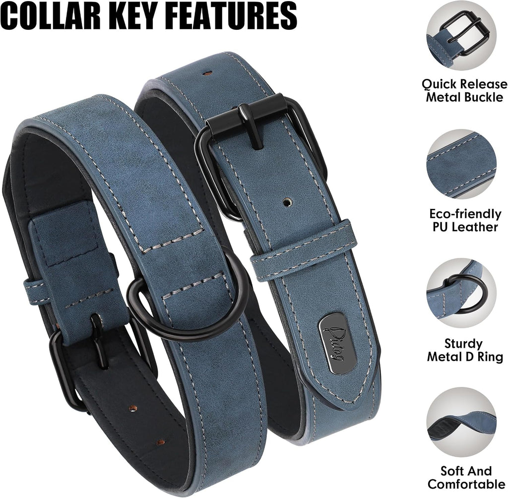 Soft PU Leather Dog Collar, Breathable Padded, Blue, Neck 11-15"