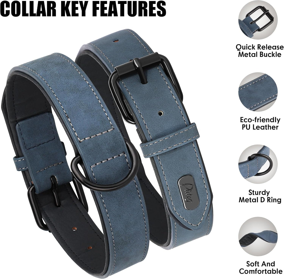 Soft PU Leather Dog Collar, Breathable Padded, Blue, Neck 11-15"