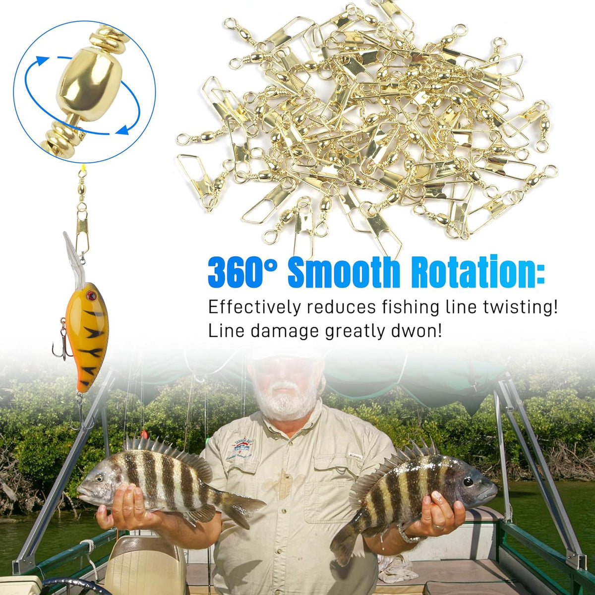 Fishing Swivels Snaps, 60/120Pcs Barrel Swivels with Nice Snaps Gold High Strength Solid Rings Line Lures Connector Fishing Tackle Accessories