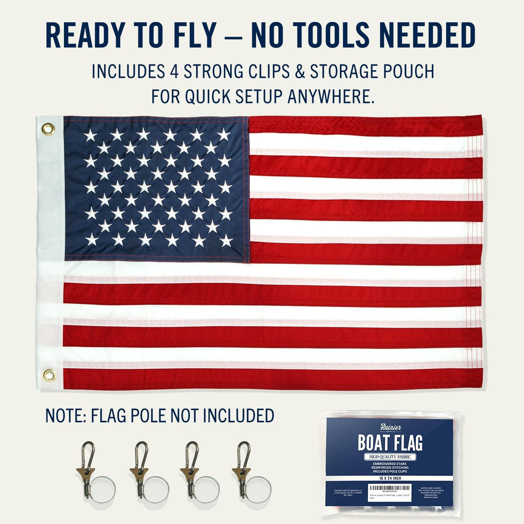 Rainiersupplyco American Flag for Boat - 12X18 USA Boat Flags with Embroidered Stars, Sewn Stripes, 2 Brass Grommets, 4 Heavy Duty Clips - Outdoor US Banner for Pontoon, UTV, Boating Accessories