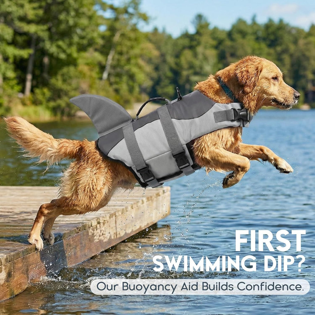 Dog Life Jacket - Pet Safety Vest for Swimming & Boating, Shark Life Jacket with Floatation, Dog Lifesavers Swimsuits for Small Medium Large Dogs (Grey, M)