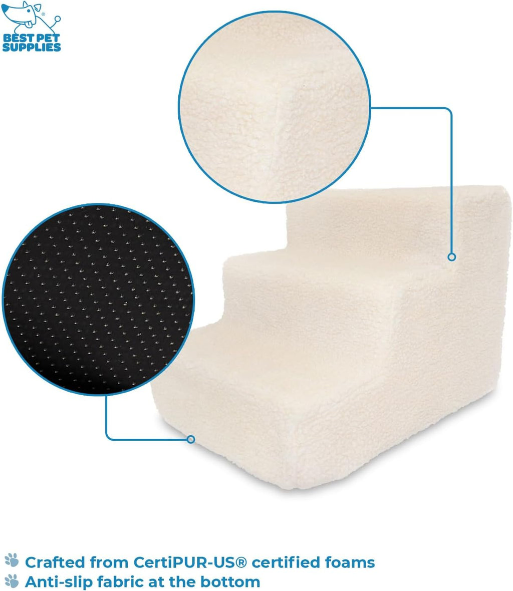 Dog Stairs & Steps - Foam Steps for Small Dogs & Cats, Non-Slip Indoor Balanced Pet Step Support, Dog Ramp, No Assembly, Lambswool, 3-Step (13.5-Inch Height)