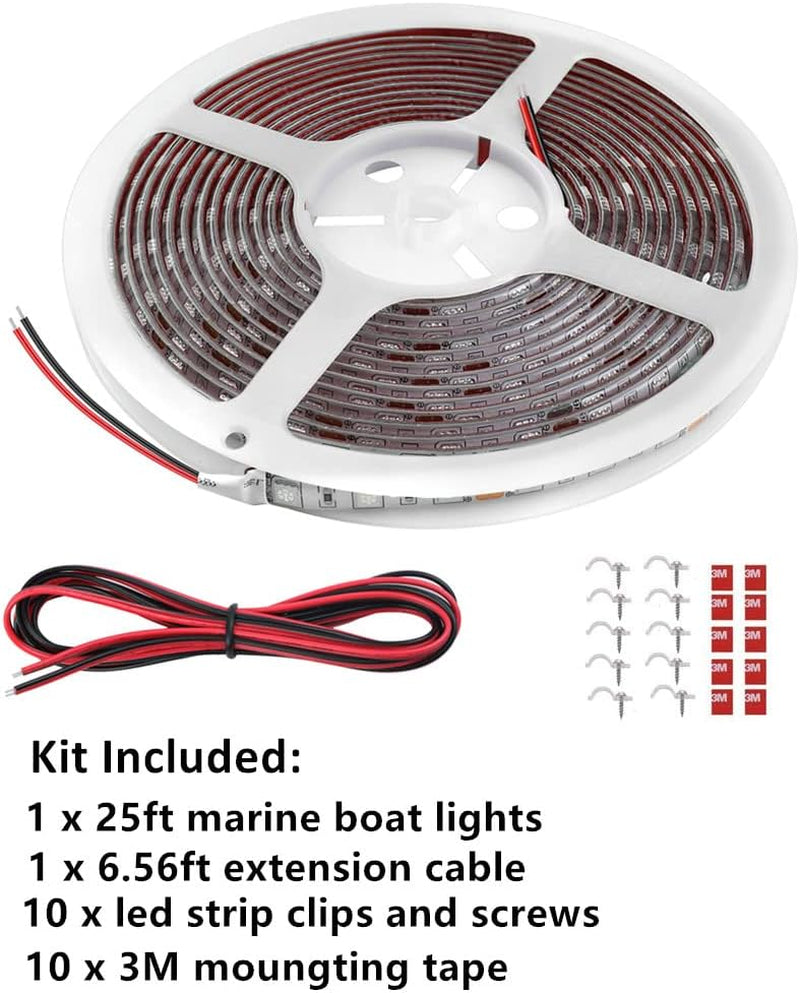 25FT LED Boat Lights, Waterproof Marine Pontoon Led Strip Lights, Boat Deck Interior Light, Boats Accessories, under Gunnel Lighting, Night Fishing Light for Pontoon Fishing Boats (Red)