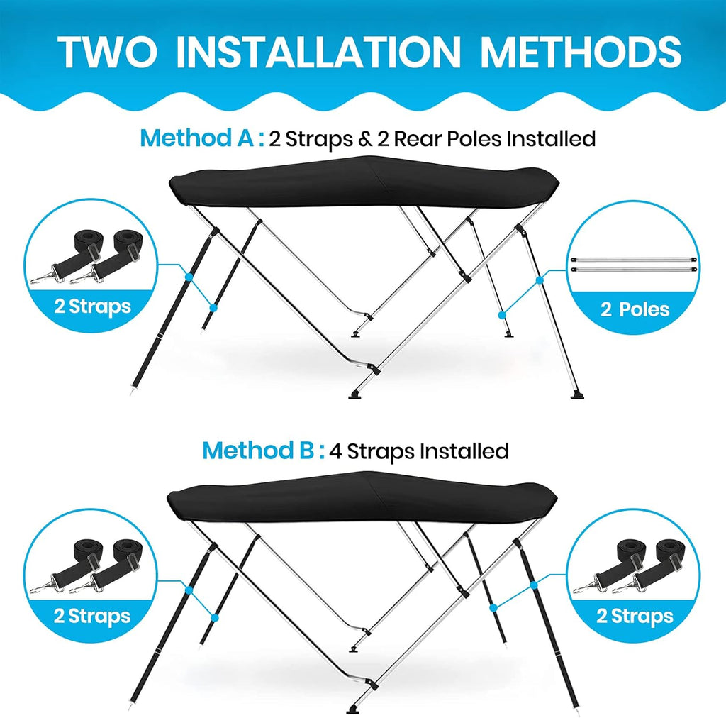 3 Bow & 4 Bow Bimini Top for Boats, 10 Colors, 13 Sizes