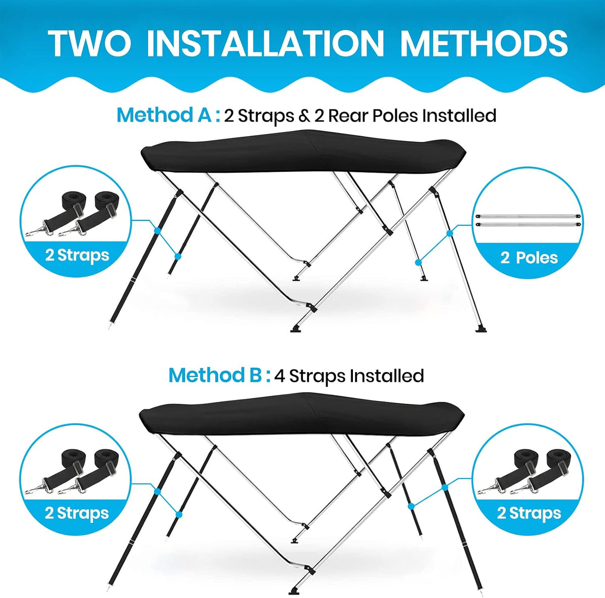 3 Bow & 4 Bow Bimini Top for Boats, 10 Colors, 13 Sizes