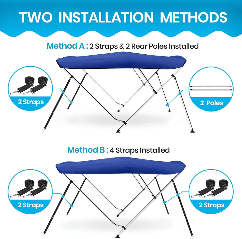 3 Bow & 4 Bow Bimini Top for Boats, 10 Colors, 13 Sizes