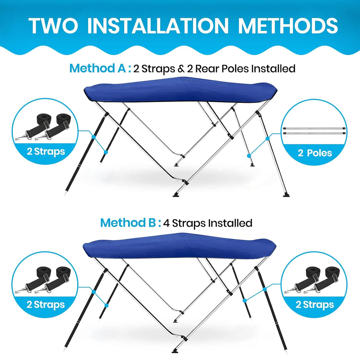 3 Bow & 4 Bow Bimini Top for Boats, 10 Colors, 13 Sizes