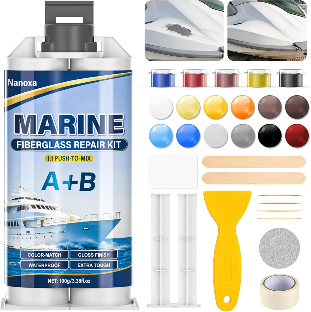 Marine Fiberglass Repair Kit, Gel Coat Repair Kit for Boats with Color Match, Fiberglass Boat Repair Kit, Weather-Resistant Epoxy Filler for Boats Fix Deep Cracks, Chips, Holes & Scratches