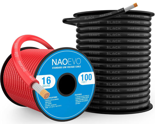 16 Gauge Marine Wire, Tinned Copper Wire, 100 FT Black + 100 FT Red