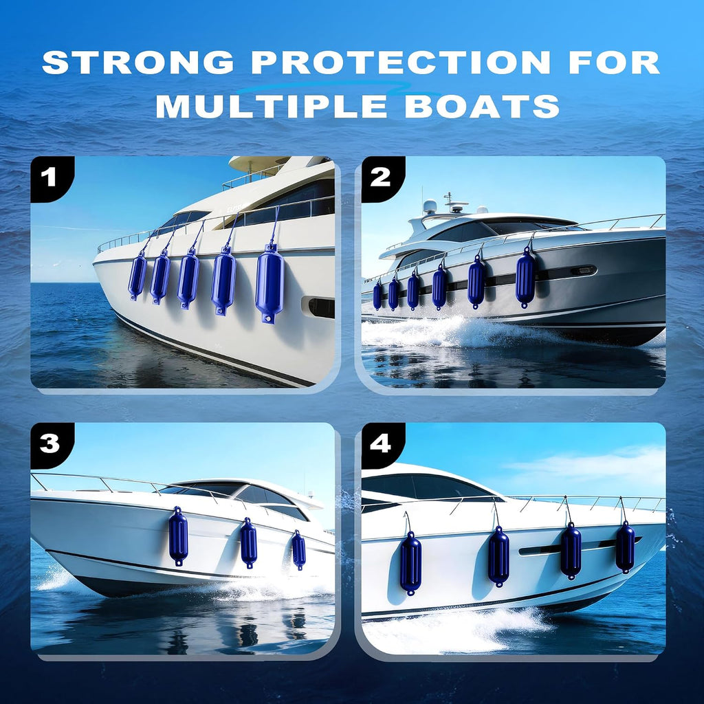 Boat Fenders 4 Pack 4.5"/5.5."/6.5"/8.5" Inflatable Ribbed Marine Bumpers, Twin Eye Design with 4 Ropes & Air Pump, UV & Saltwater Resistant, for Jon Boats, Pontoon Boats