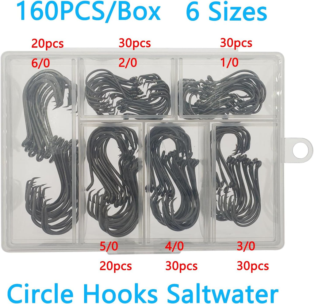 Fishing Hooks Saltwater, 160PCS Circle Hooks Saltwater, Fish Hooks for Fishing Gear Tackle, Catfish Octopus Hook #1 1/0 2/0 3/0 4/0 5/0 6/0 8/0 Black High Carbon Steel with Portable Plastic Box