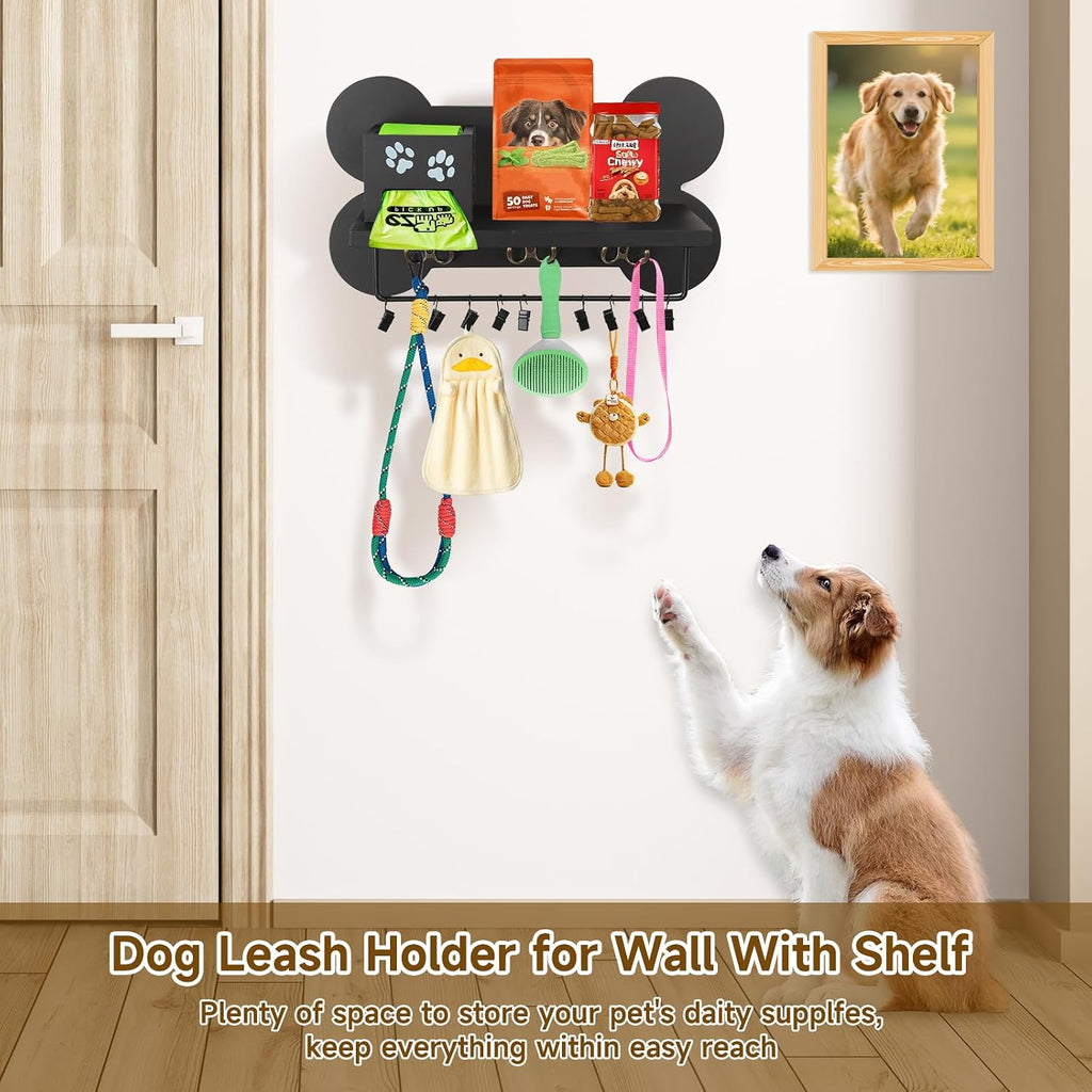 Wood Dog Leash Holder for Wall, Black Bone Hook for Entryway
