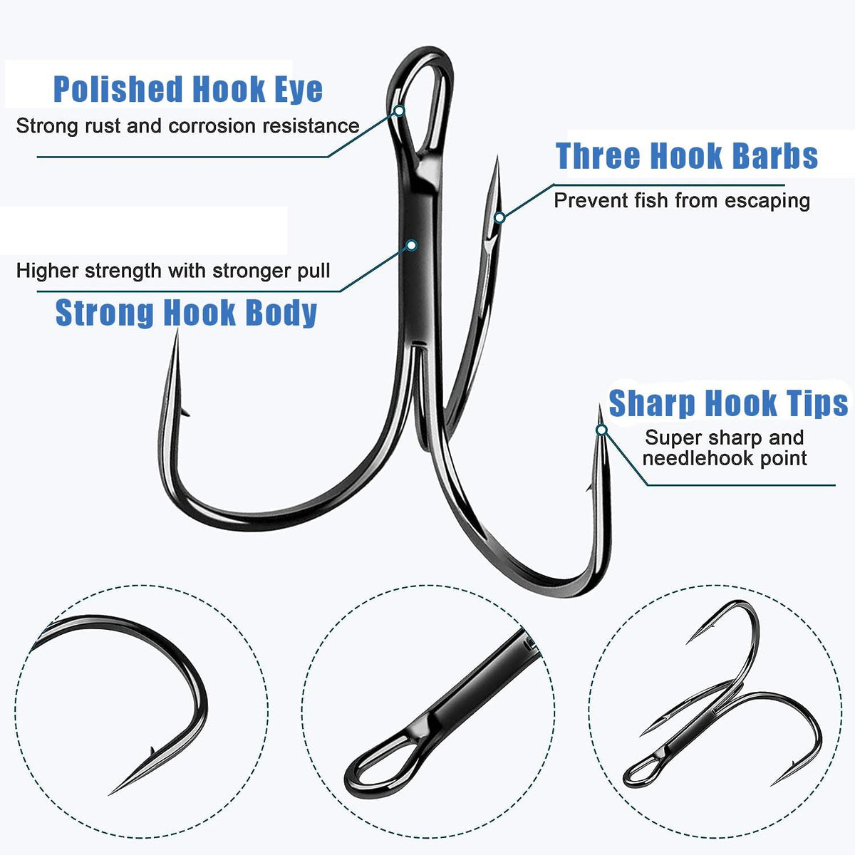 Fishing Treble Hooks Triple Fishing Hooks High Carbon Steel Barbed Sharp round Bend Treble Hooks Replacement for Hard Lures Bait