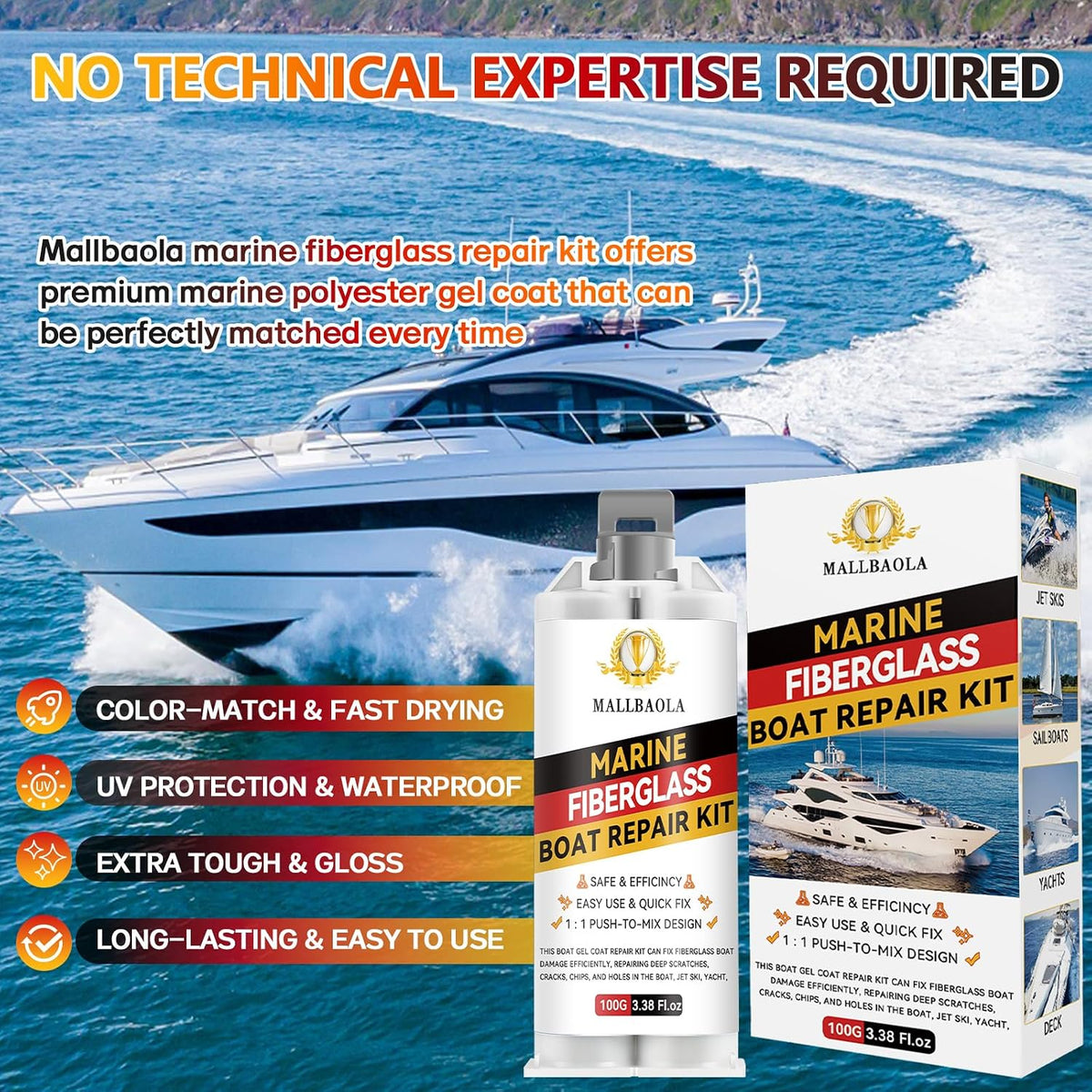 Marine Fiberglass Repair Kit for Boats, Gel Coat Repair Kit for Boats, Epoxy Filler for Fiberglass Boats Fix Holes, Chips and Deep Cracks, Gelcoat Repair Kit for Fiberglass, Acrylic, Porcelain(White)
