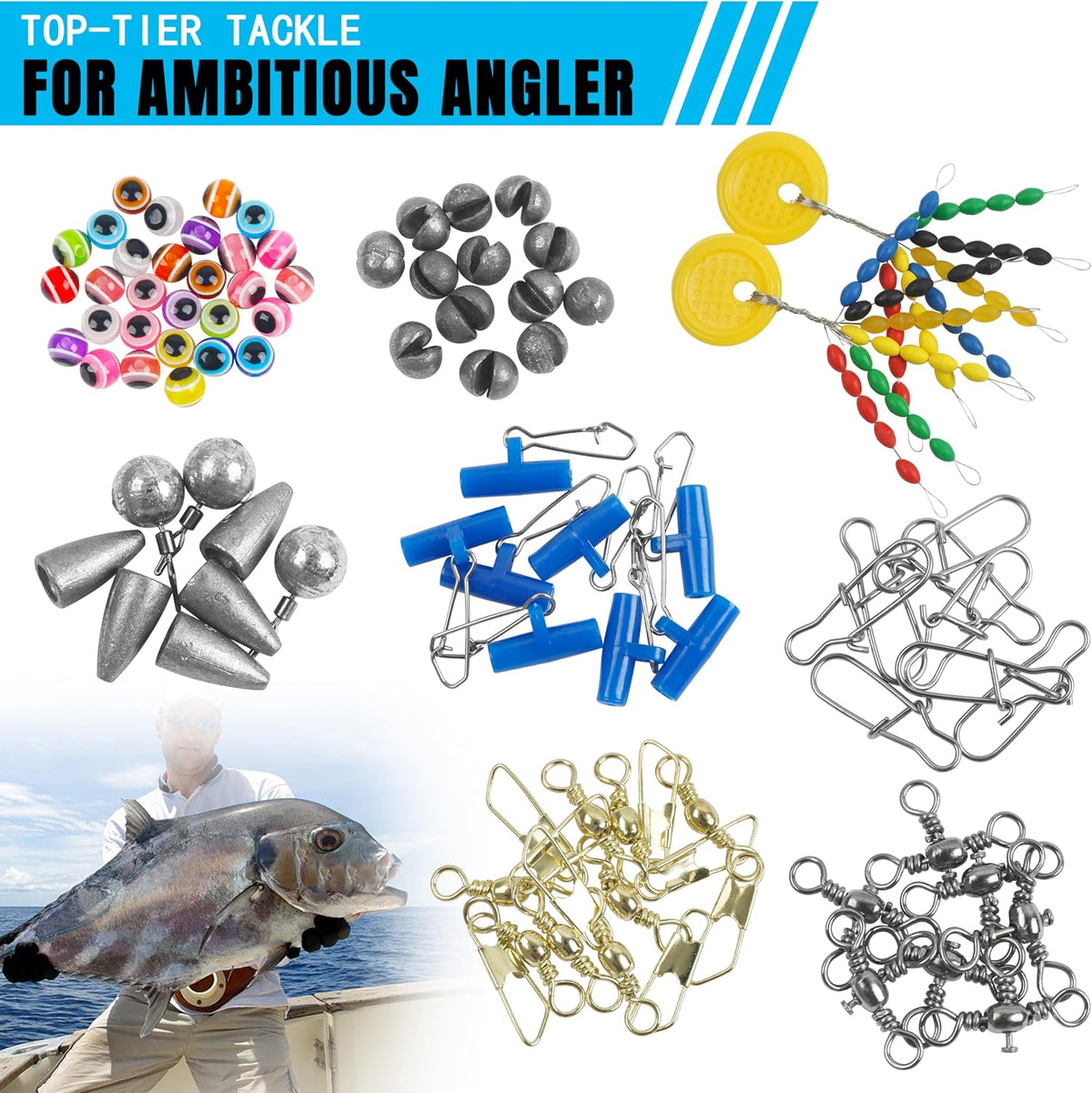 175Pcs Fishing Tackle Box Kit Hooks Bobbers Sinkers Swivel Snaps Freshwater Saltwater Starter Set for Bass Trout Catfish Beginner Fishing Gift