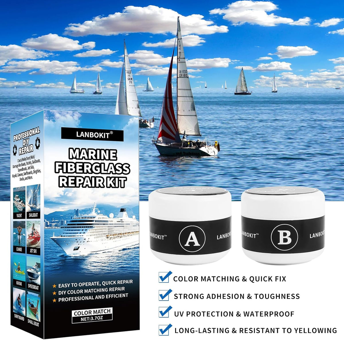 Marine Fiberglass Repair Kit for Boats, Gel Coat Repair Kit for Boats, Epoxy Filler for Boats, Gelcoat Repair Kit, Fiberglass Boat Repair Kit Fix Holes, Chips & Deep Cracks, Boat Accessories