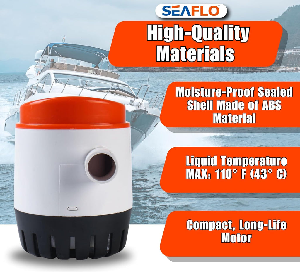 06 Series Automatic Submersible Bilge Pump - 750GPH, 12V, 3/4" Outlet, 4-Year Warranty! - All-In-One Pump and Float Switch, Snap-Off Strainer, Compact Marine Boat Yacht Bilge Pump CE & Rohs