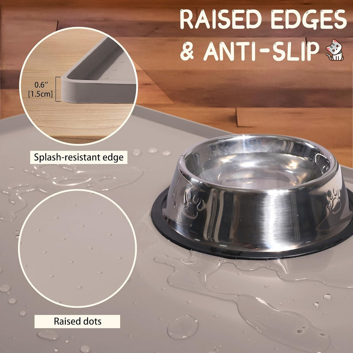 Silicone Cat & Dog Food Mat for Floors Waterproof, Anti-Slip Dog Bowl Mats for Food and Water, Pet Feeding Mats with Lip to Prevent Spills, Pet Placemat for Messy Drinkers to Protect Floors