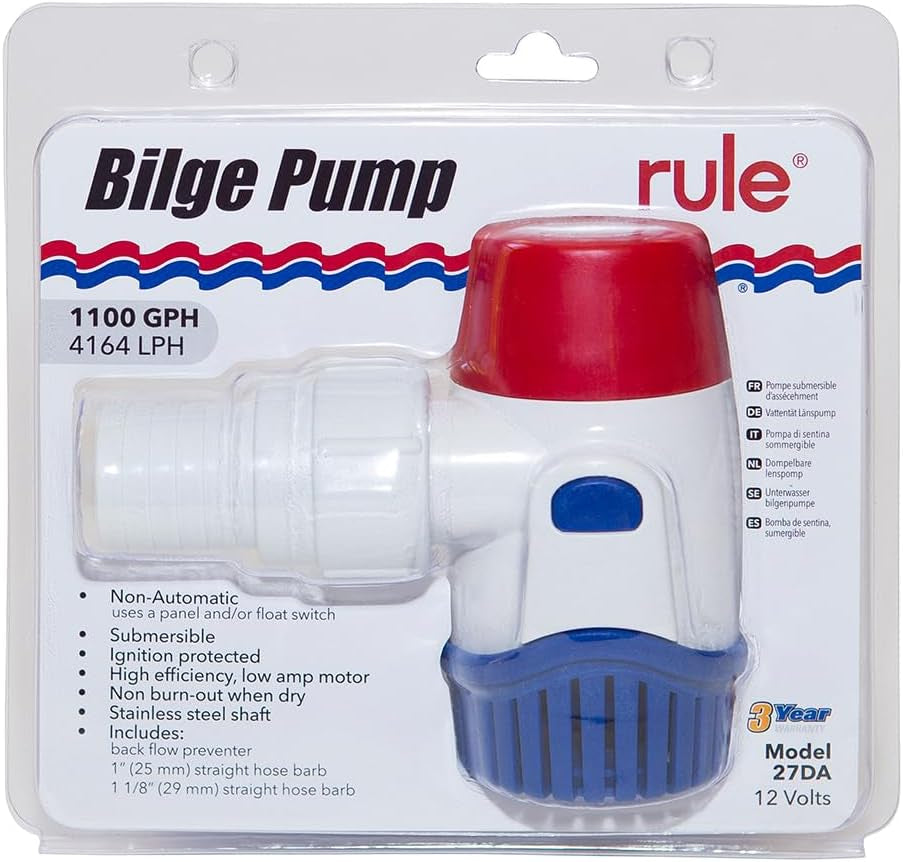 27DA, Standard Bilge Pump Non-Auto, Submersible, 1100GPH, 12V