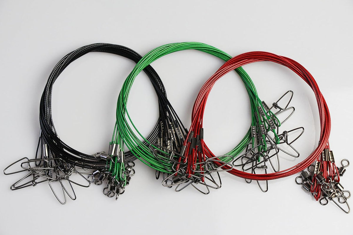20Pcs Fishing Wire Leaders Heavy Duty Fishing Stainless Steel Wire Leaders 150LB High Strength Fishing Leaders with Swivels and Snaps Black/Red/Green