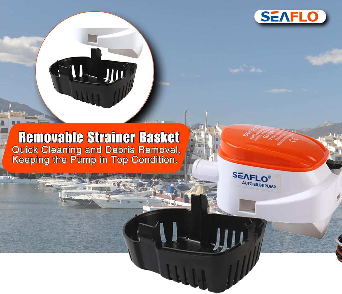 06 Series Automatic Submersible Bilge Pump - 750GPH, 12V, 3/4" Outlet, 4-Year Warranty! - All-In-One Pump and Float Switch, Snap-Off Strainer, Compact Marine Boat Yacht Bilge Pump CE & Rohs