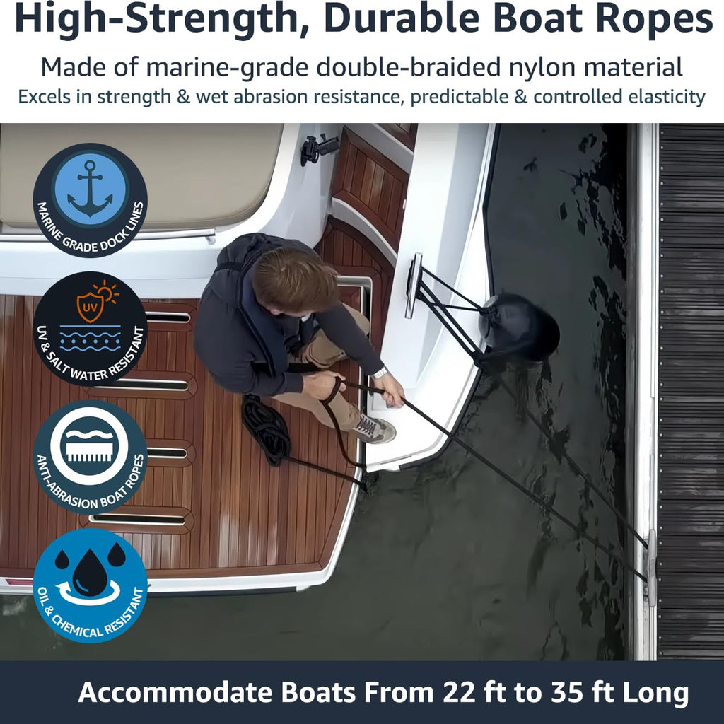 2 Pack 1/2" X 20' Dock Lines - Marine Grade Nylon Boat Rope with 12" Loop for Docking and Mooring - Double Braided Boat Lines, High Strength, Easy Handling, Fray Resistant - Black