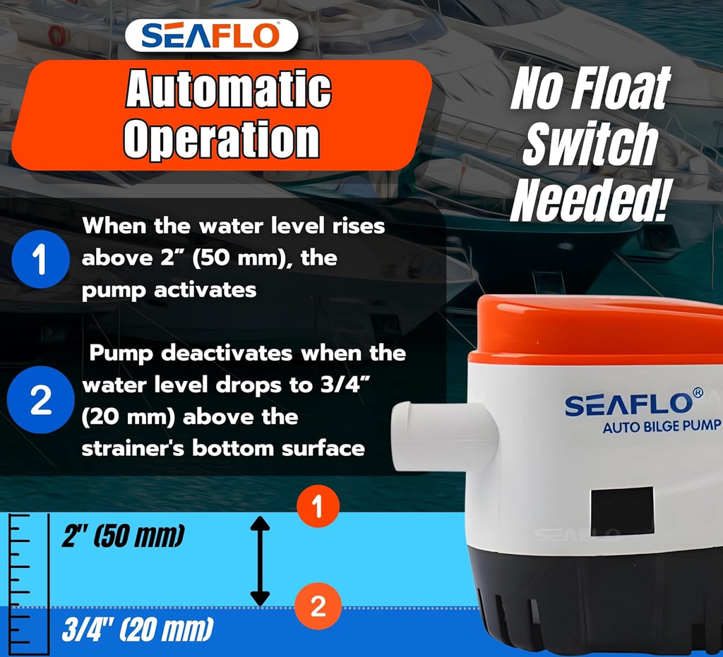 06 Series Automatic Submersible Bilge Pump - 750GPH, 12V, 3/4" Outlet, 4-Year Warranty! - All-In-One Pump and Float Switch, Snap-Off Strainer, Compact Marine Boat Yacht Bilge Pump CE & Rohs