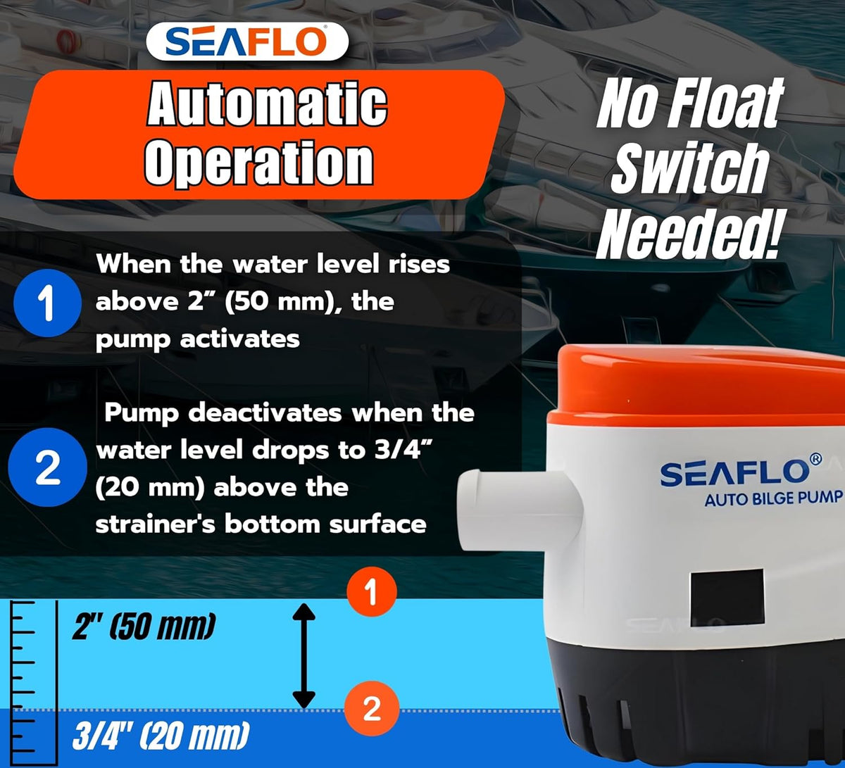 06 Series Automatic Submersible Bilge Pump - 750GPH, 12V, 3/4" Outlet, 4-Year Warranty! - All-In-One Pump and Float Switch, Snap-Off Strainer, Compact Marine Boat Yacht Bilge Pump CE & Rohs