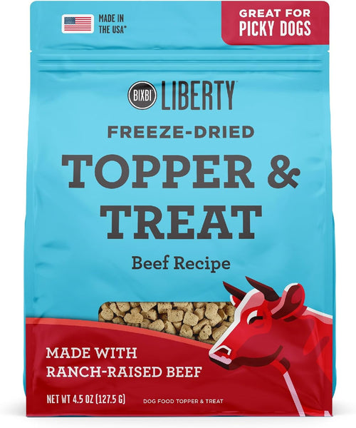 Liberty Freeze Dried Dog Food Topper + Dog Treat, Beef Recipe, 4.5 Oz - 98% Meat and Organs, No Fillers - Pantry-Friendly Raw Treat or Food Topper - USA Made in Small Batches