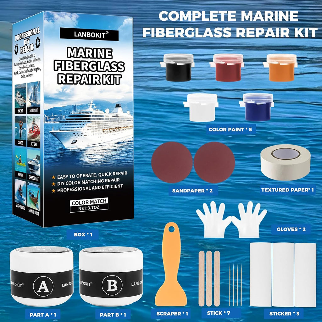 Marine Fiberglass Repair Kit for Boats, Gel Coat Repair Kit for Boats, Epoxy Filler for Boats, Gelcoat Repair Kit, Fiberglass Boat Repair Kit Fix Holes, Chips & Deep Cracks, Boat Accessories