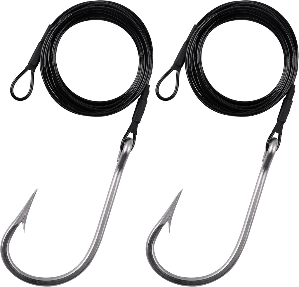 Fishing Shark Rig,2Pcs Surf Fishing Leader Rigs with Tuna Shark Hooks Stainless Steel Cable Leader Wire Rig Deep Sea Fishing Hooks Big Game Leader Rig for Shark Tuna Toothy