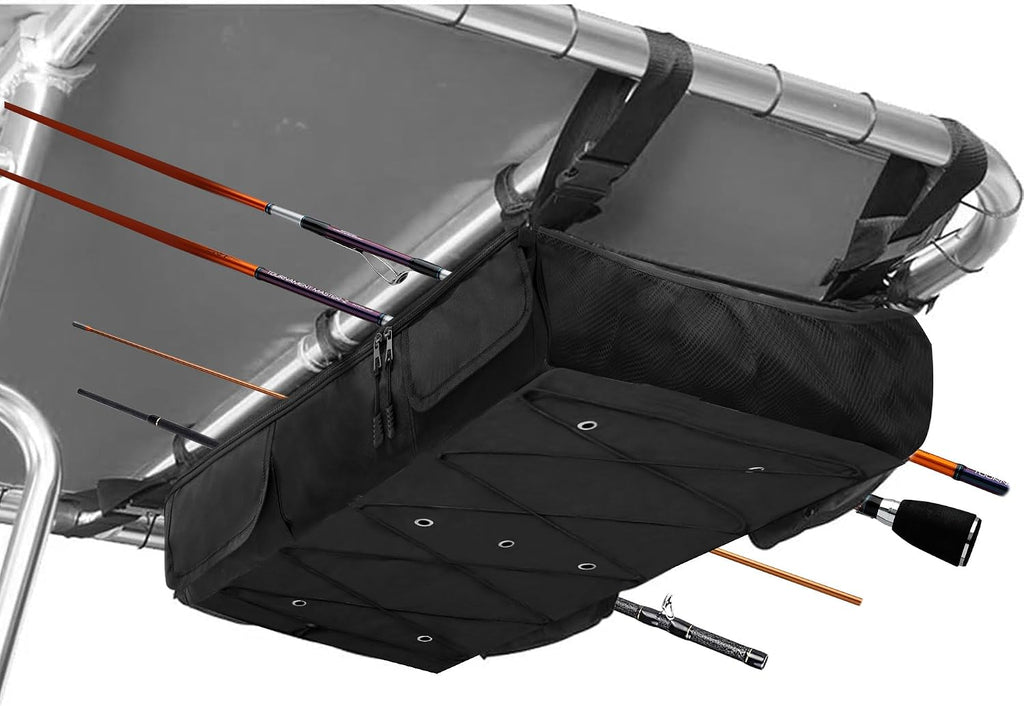 T-Top Storage Bag, Boat Life Jackets Bag Can Secure 4 Fishing Rods, Hold 4-6 Type II Life Jackets, for Most T-Top Hard Tops, Bimini-Tops, Pontoon Tops(Life Jackets Not Included)