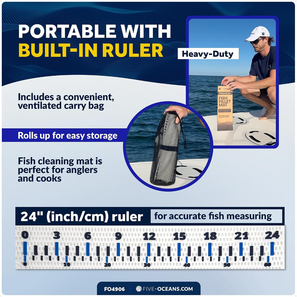 Fish Fillet Mat 28" X 14" - Non-Slip Marine Fish Filleting Mat for Boat & Dock Fishing - Heavy-Duty UV Resistant Roll-Up Fishing Mat - Easy Clean FO4906