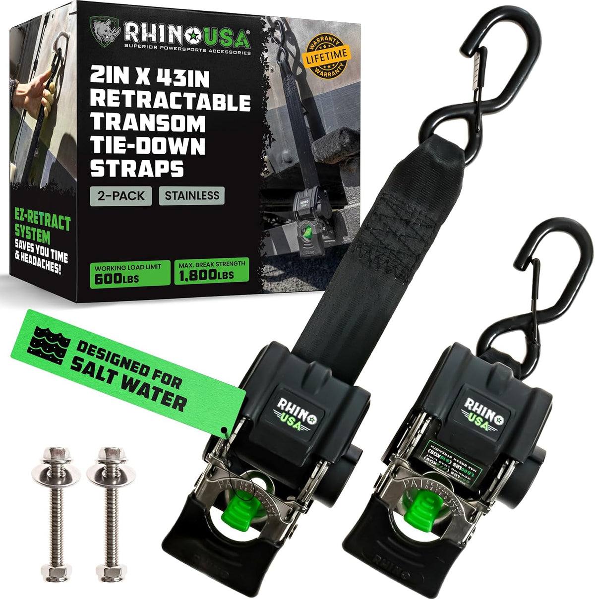 Retractable Boat Transom Straps (2-Pack) - Saltwater Compatible