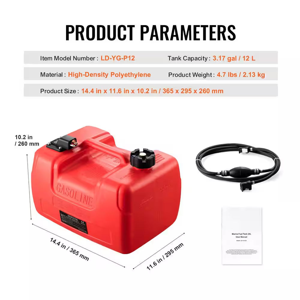 Marine Fuel Tank, 3.17 Gal., Portable Boat Fuel Gas Tank for Outboard Engine Boats, Outboard Marine Boat Fuel Tank