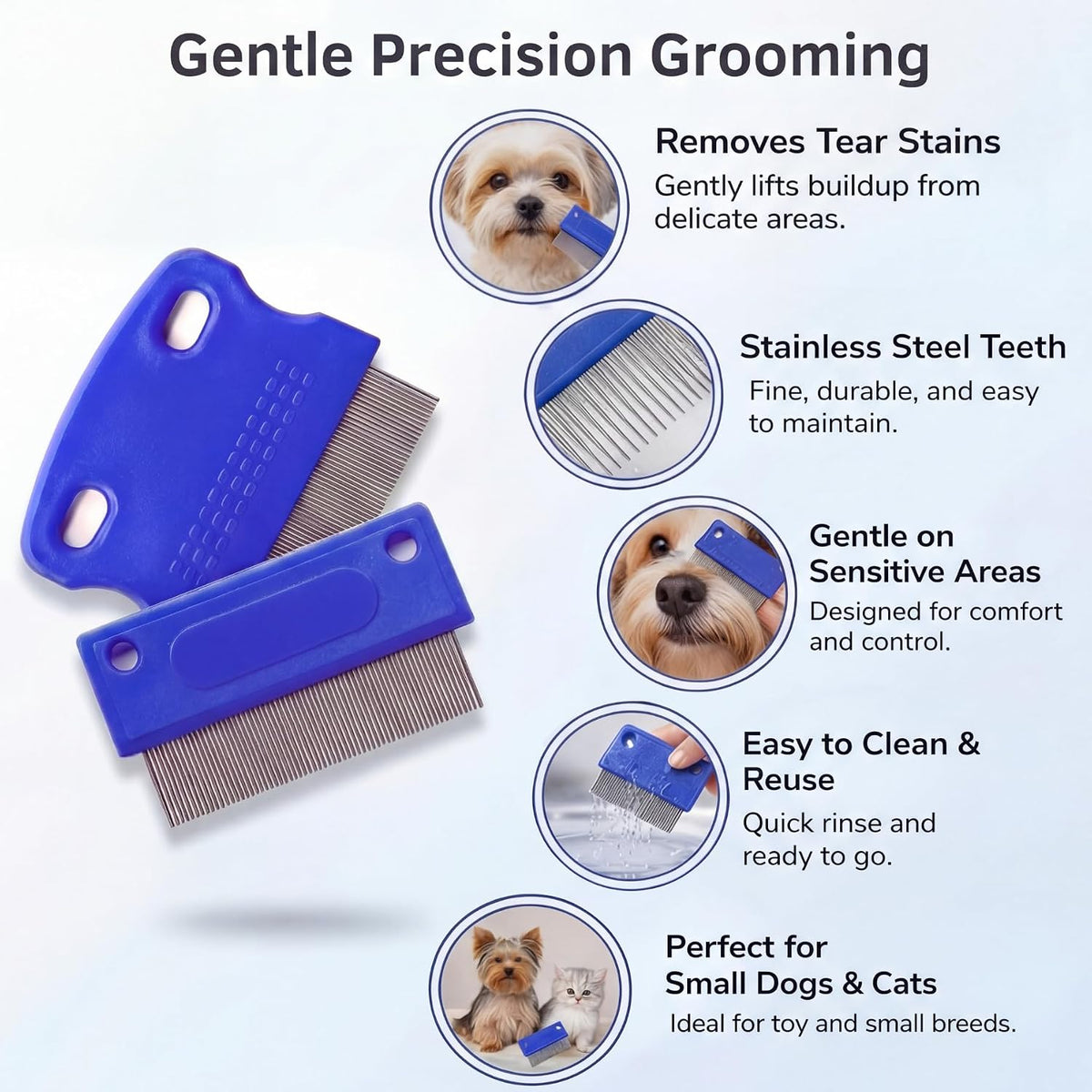 Tear Stain & Flea Remover Comb Set for Dogs & Cats – Stainless Steel Eye Grooming Tool for Stains, Crust & Mucus – Gentle, Safe, Reusable – Pack of 2